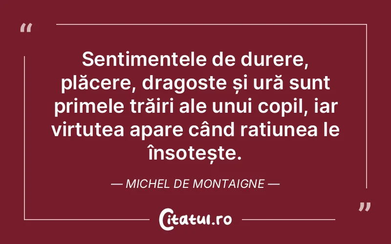 Sentimentele de durere, plăcere, dragoste și ură sunt primele trăiri ale unui copil, iar virtutea apare când rațiunea le însoțește. Michel de Montaigne