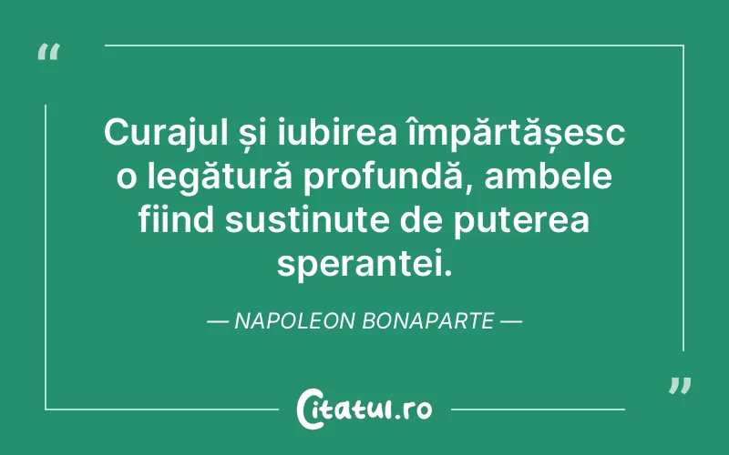 Curajul și iubirea împărtășesc o legătură profundă, ambele fiind susținute de puterea speranței. Napoleon Bonaparte