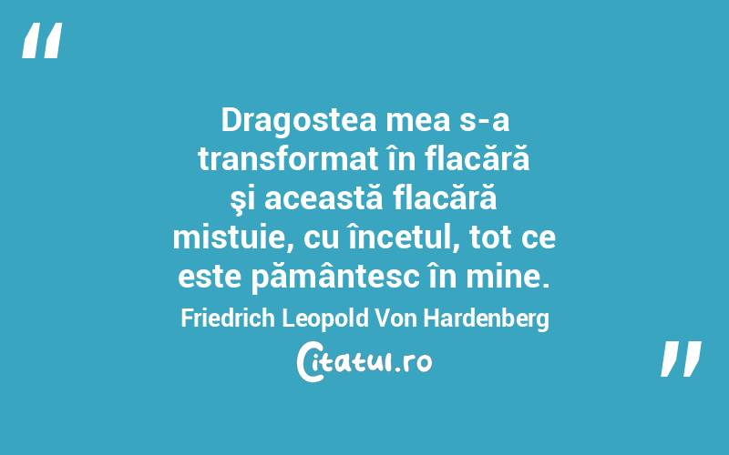 Dragostea mea s-a transformat în flacără şi această flacără mistuie, cu încetul, tot ce este pământesc în mine. Friedrich Leopold Von Hardenberg
