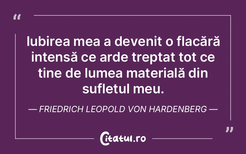 Iubirea mea a devenit o flacără intensă ce arde treptat tot ce ține de lumea materială din sufletul meu. Friedrich Leopold Von Hardenberg
