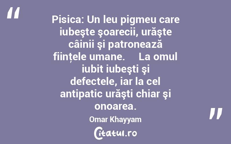Pisica: Un leu pigmeu care iubeşte şoarecii, urăşte câinii şi patronează fiinţele umane.     La omul iubit iubeşti şi defectele, iar la cel antipatic urăşti chiar şi onoarea. Omar Khayyam
