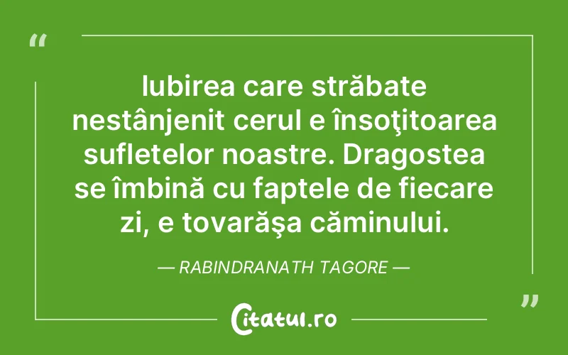 Iubirea care străbate nestânjenit cerul e însoţitoarea sufletelor noastre. Dragostea se îmbină cu faptele de fiecare zi, e tovarăşa căminului. Rabindranath Tagore