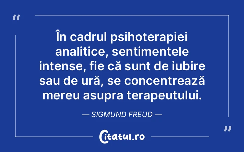În cadrul psihoterapiei analitice, sentimentele intense, fie că sunt de iubire sau de ură, se concentrează mereu asupra terapeutului. Sigmund Freud