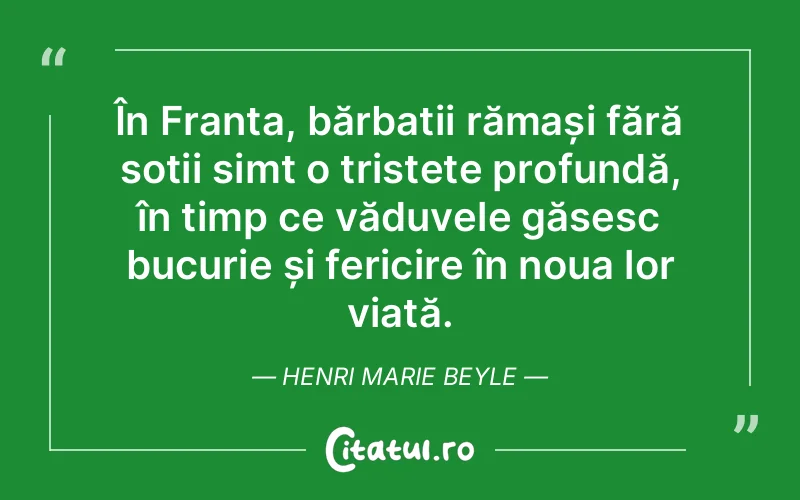 În Franța, bărbații rămași fără soții simt o tristețe profundă, în timp ce văduvele găsesc bucurie și fericire în noua lor viață. Henri Marie Beyle