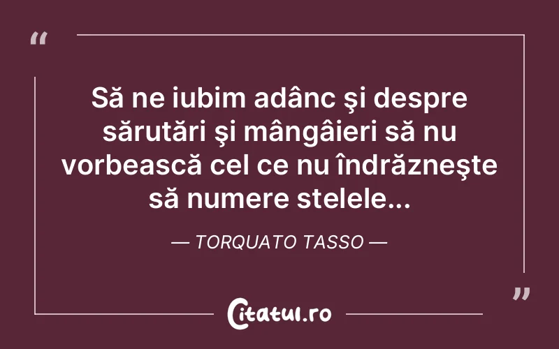 Să ne iubim adânc şi despre sărutări şi mângâieri să nu vorbească cel ce nu îndrăzneşte să numere stelele... Torquato Tasso