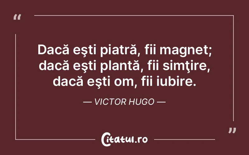 Dacă eşti piatră, fii magnet; dacă eşti plantă, fii simţire, dacă eşti om, fii iubire. Victor Hugo