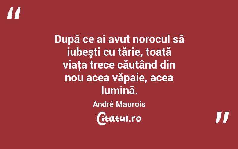 După ce ai avut norocul să iubeşti cu tărie, toată viaţa trece căutând din nou acea văpaie, acea lumină. André Maurois
