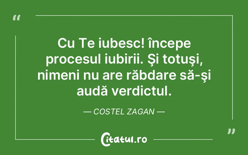 Cu Te iubesc! începe procesul iubirii. Şi totuşi, nimeni nu are răbdare să-şi audă verdictul. Costel Zagan