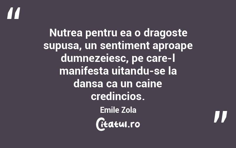 Nutrea pentru ea o dragoste supusa, un sentiment aproape dumnezeiesc, pe care-l manifesta uitandu-se la dansa ca un caine credincios. Emile Zola
