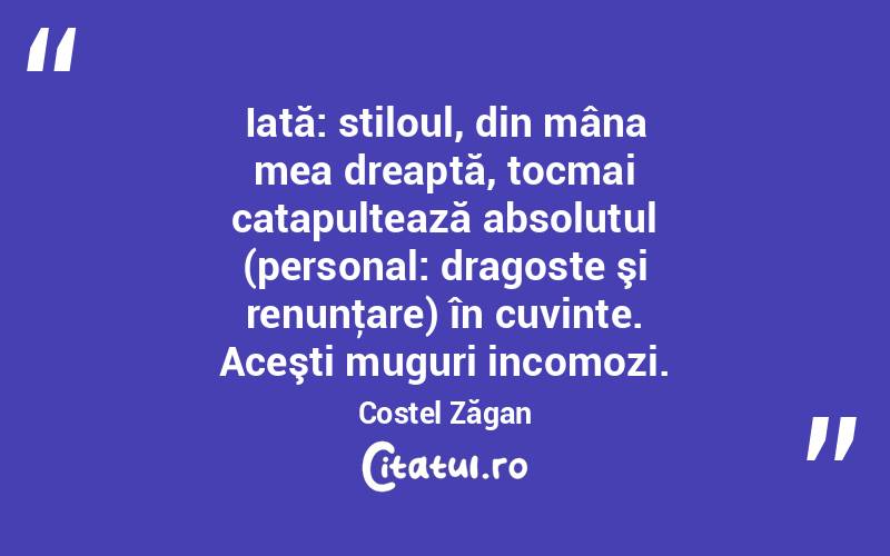  Iată: stiloul, din mâna mea dreaptă, tocmai catapultează absolutul (personal: dragoste şi renunţare) în cuvinte. Aceşti muguri incomozi. Costel Zăgan
