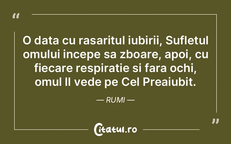 O data cu rasaritul iubirii, Sufletul omului incepe sa zboare, apoi, cu fiecare respiratie si fara ochi, omul Il vede pe Cel Preaiubit. Rumi