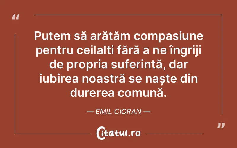 Putem să arătăm compasiune pentru ceilalți fără a ne îngriji de propria suferință, dar iubirea noastră se naște din durerea comună. Emil Cioran