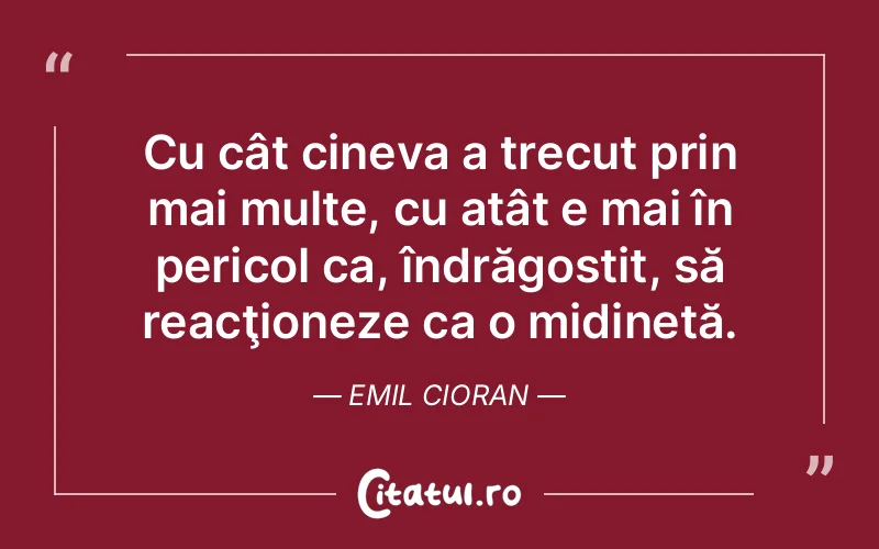 Cu cât cineva a trecut prin mai multe, cu atât e mai în pericol ca, îndrăgostit, să reacţioneze ca o midinetă. Emil Cioran