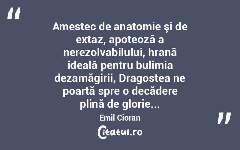 Amestec de anatomie şi de extaz, apoteoză a nerezolvabilului, hrană ideală pentru bulimia dezamăgirii, Dragostea ne poartă spre o decădere plină de glorie... Emil Cioran
