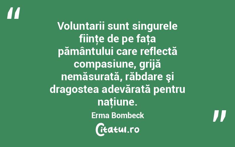 Voluntarii sunt singurele fiinţe de pe faţa pământului care reflectă compasiune, grijă nemăsurată, răbdare şi dragostea adevărată pentru naţiune. Erma Bombeck
