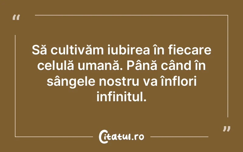 Să cultivăm iubirea în fiecare celulă umană. Până când în sângele nostru va înflori infinitul.