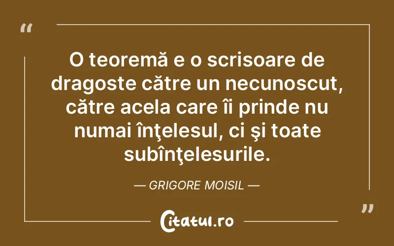 O teoremă e o scrisoare de dragoste către un necunoscut, către acela care îi prinde nu numai înţelesul, ci şi toate subînţelesurile. Grigore Moisil