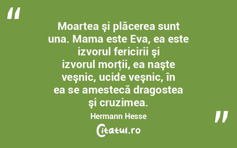 Moartea şi plăcerea sunt una. Mama este Eva, ea este izvorul fericirii şi izvorul morţii, ea naşte veşnic, ucide veşnic, în ea se amestecă dragostea şi cruzimea. Hermann Hesse
