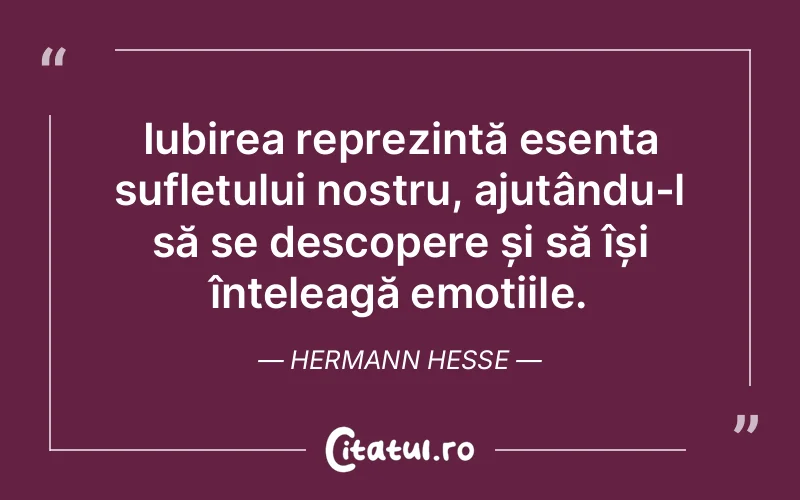 Iubirea reprezintă esența sufletului nostru, ajutându-l să se descopere și să își înțeleagă emoțiile. Hermann Hesse