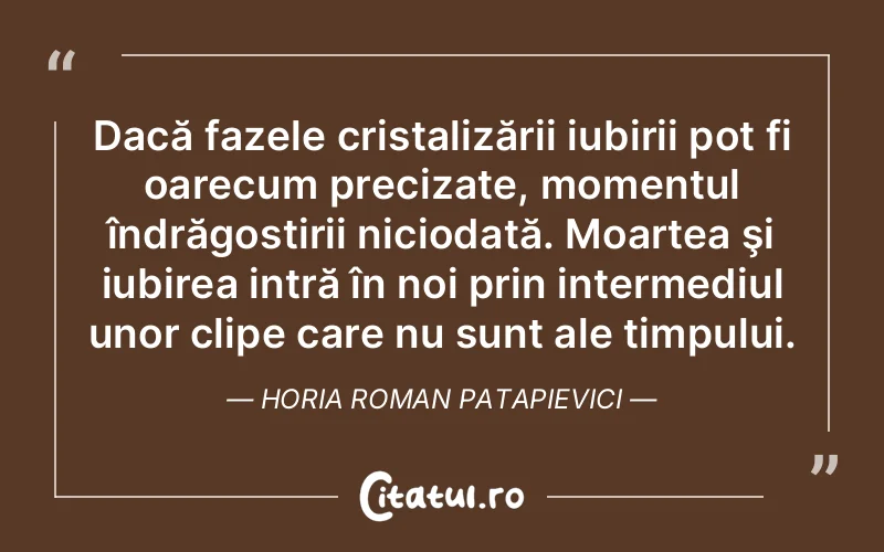 Dacă fazele cristalizării iubirii pot fi oarecum precizate, momentul îndrăgostirii niciodată. Moartea şi iubirea intră în noi prin intermediul unor clipe care nu sunt ale timpului. Horia Roman Patapievici