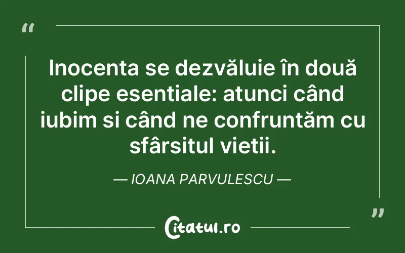 Inocența se dezvăluie în două clipe esențiale: atunci când iubim și când ne confruntăm cu sfârșitul vieții. Ioana Parvulescu