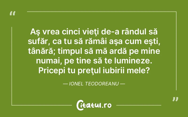 Aş vrea cinci vieţi de-a rândul să sufăr, ca tu să rămâi aşa cum eşti, tânără; timpul să mă ardă pe mine numai, pe tine să te lumineze. Pricepi tu preţul iubirii mele? Ionel Teodoreanu