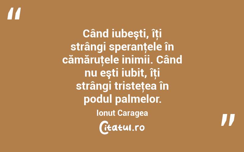 Când iubeşti, îţi strângi speranţele în cămăruţele inimii. Când nu eşti iubit, îţi strângi tristeţea în podul palmelor. Ionuț Caragea
