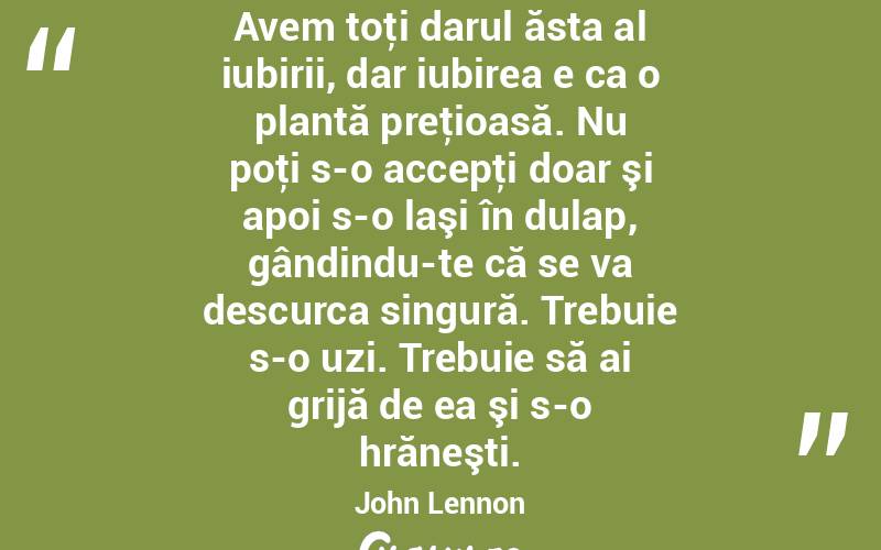 Avem toţi darul ăsta al iubirii, dar iubirea e ca o plantă preţioasă. Nu poţi s-o accepţi doar şi apoi s-o laşi în dulap, gândindu-te că se va descurca singură. Trebuie s-o uzi. Trebuie să ai grijă de ea şi s-o hrăneşti. John Lennon
