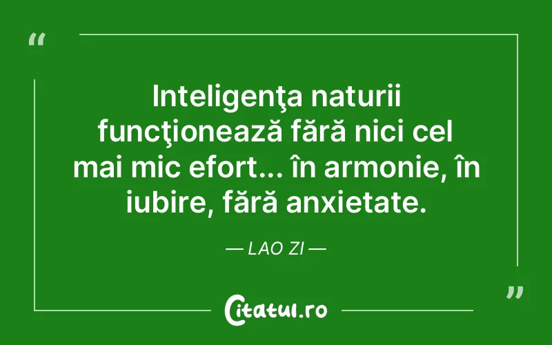 Inteligenţa naturii funcţionează fără nici cel mai mic efort... în armonie, în iubire, fără anxietate. Lao Zi