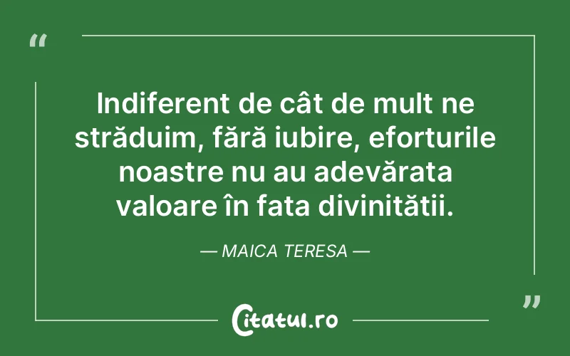 Indiferent de cât de mult ne străduim, fără iubire, eforturile noastre nu au adevărata valoare în fața divinității. Maica Teresa