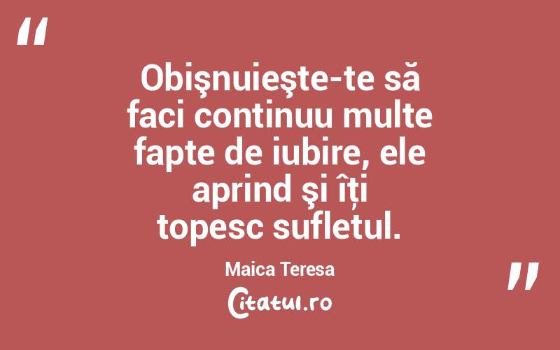 Obişnuieşte-te să faci continuu multe fapte de iubire, ele aprind şi îţi topesc sufletul. Maica Teresa
