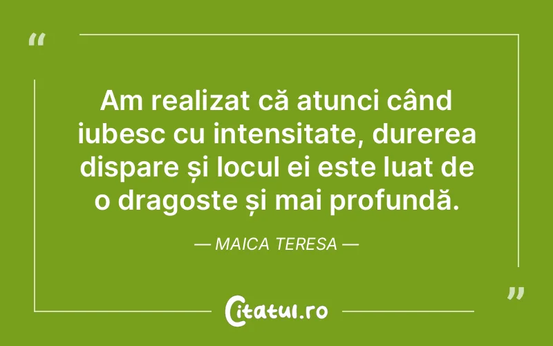 Am realizat că atunci când iubesc cu intensitate, durerea dispare și locul ei este luat de o dragoste și mai profundă. Maica Teresa