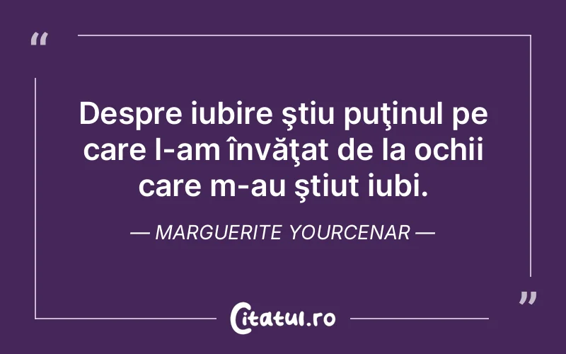 Despre iubire ştiu puţinul pe care l-am învăţat de la ochii care m-au ştiut iubi. Marguerite Yourcenar