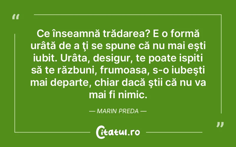 Ce înseamnă trădarea? E o formă urâtă de a ţi se spune că nu mai eşti iubit. Urâta, desigur, te poate ispiti să te răzbuni, frumoasa, s-o iubeşti mai departe, chiar dacă ştii că nu va mai fi nimic. Marin Preda