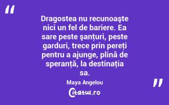 Dragostea nu recunoaşte nici un fel de bariere. Ea sare peste şanţuri, peste garduri, trece prin pereţi pentru a ajunge, plină de speranţă, la destinaţia sa. Maya Angelou...