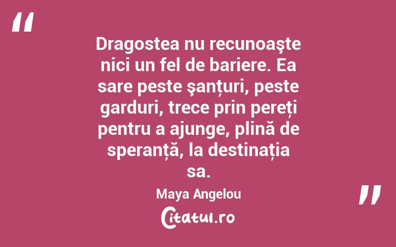 Dragostea nu recunoaşte nici un fel de bariere. Ea sare peste şanţuri, peste garduri, trece prin pereţi pentru a ajunge, plină de speranţă, la destinaţia sa. Maya Angelou
