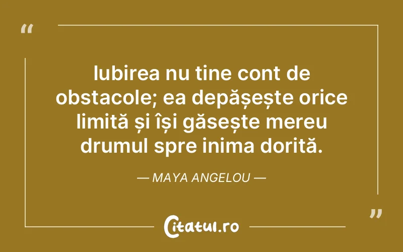 Iubirea nu ține cont de obstacole; ea depășește orice limită și își găsește mereu drumul spre inima dorită. Maya Angelou