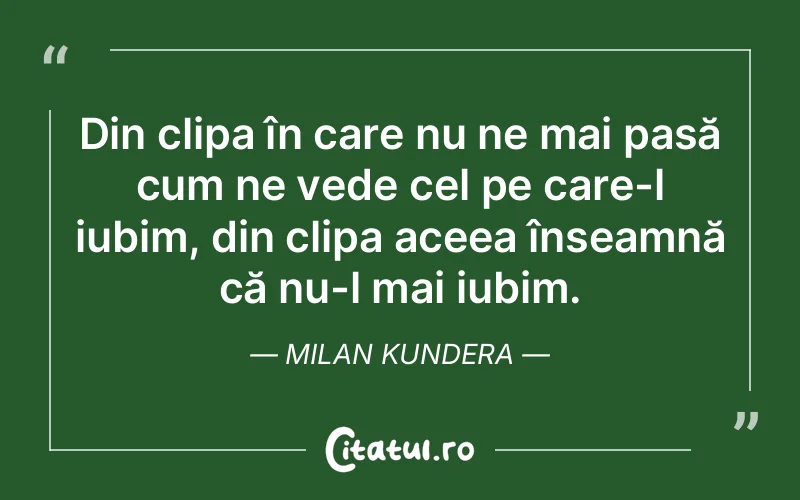 Din clipa în care nu ne mai pasă cum ne vede cel pe care-l iubim, din clipa aceea înseamnă că nu-l mai iubim. Milan Kundera