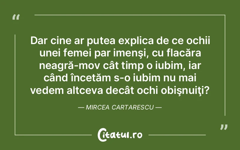Dar cine ar putea explica de ce ochii unei femei par imenşi, cu flacăra neagră-mov cât timp o iubim, iar când încetăm s-o iubim nu mai vedem altceva decât ochi obişnuiţi? Mircea Cartarescu