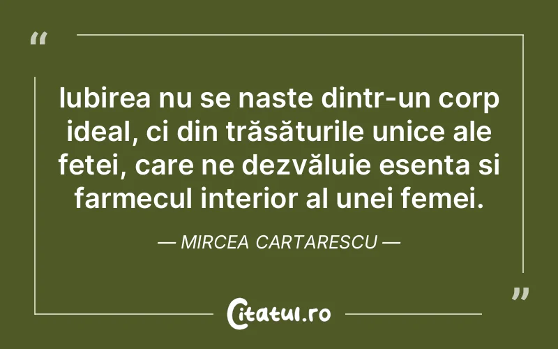 Iubirea nu se naște dintr-un corp ideal, ci din trăsăturile unice ale feței, care ne dezvăluie esența și farmecul interior al unei femei. Mircea Cartarescu