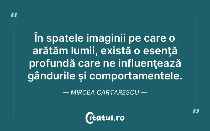 În spatele imaginii pe care o arătăm lumii, există o esenţă profundă care ne influenţează gândurile şi comportamentele. Mircea Cartarescu