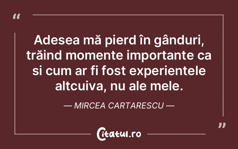 Adesea mă pierd în gânduri, trăind momente importante ca și cum ar fi fost experiențele altcuiva, nu ale mele. Mircea Cartarescu