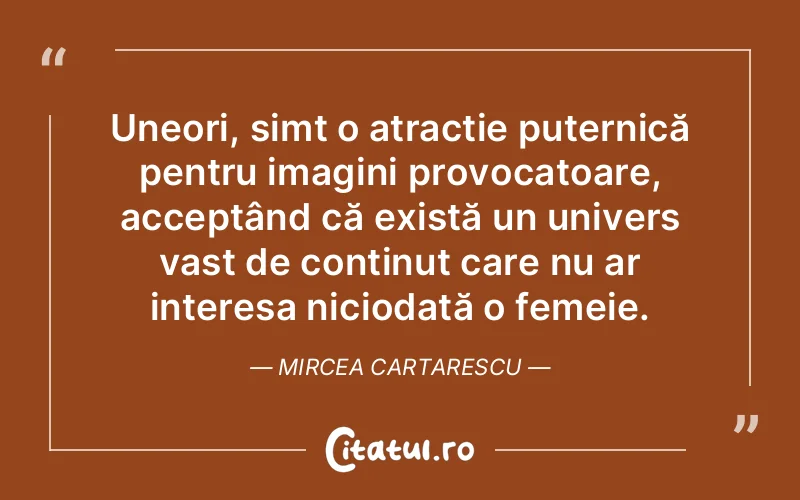 Uneori, simt o atracție puternică pentru imagini provocatoare, acceptând că există un univers vast de conținut care nu ar interesa niciodată o femeie. Mircea Cartarescu
