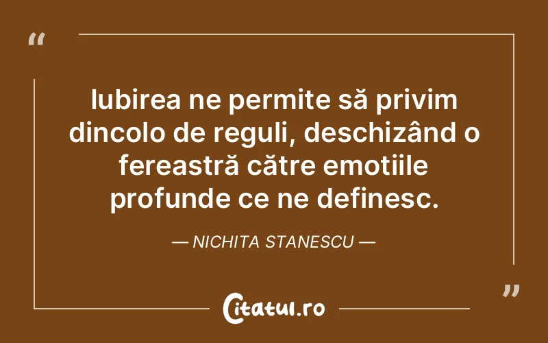 Iubirea ne permite să privim dincolo de reguli, deschizând o fereastră către emoțiile profunde ce ne definesc. Nichita Stanescu