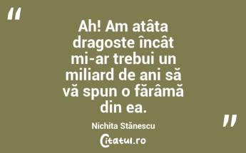   Ah! Am atâta dragoste încât mi-ar trebui un miliard de ani să vă spun o fărâmă din ea. Nichita Stănescu...