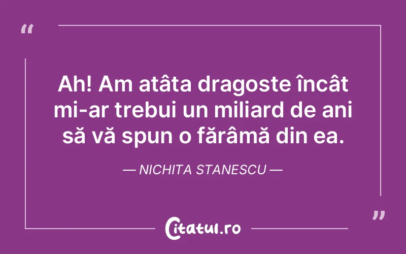 Ah! Am atâta dragoste încât mi-ar trebui un miliard de ani să vă spun o fărâmă din ea. Nichita Stanescu