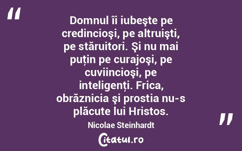  Domnul îi iubeşte pe credincioşi, pe altruişti, pe stăruitori. Şi nu mai puţin pe curajoşi, pe cuviincioşi, pe inteligenţi. Frica, obrăznicia şi prostia nu-s plăcute lui Hristos. Nicolae Steinhardt
