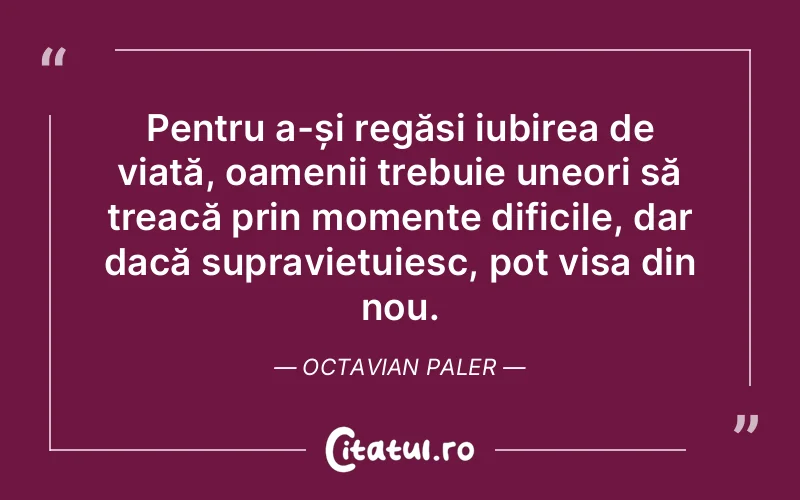 Pentru a-și regăsi iubirea de viață, oamenii trebuie uneori să treacă prin momente dificile, dar dacă supraviețuiesc, pot visa din nou. Octavian Paler