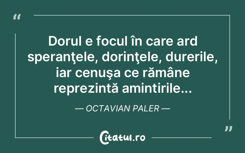 Dorul e focul în care ard speranţele, dorinţele, durerile, iar cenuşa ce rămâne reprezintă amintirile... Octavian Paler