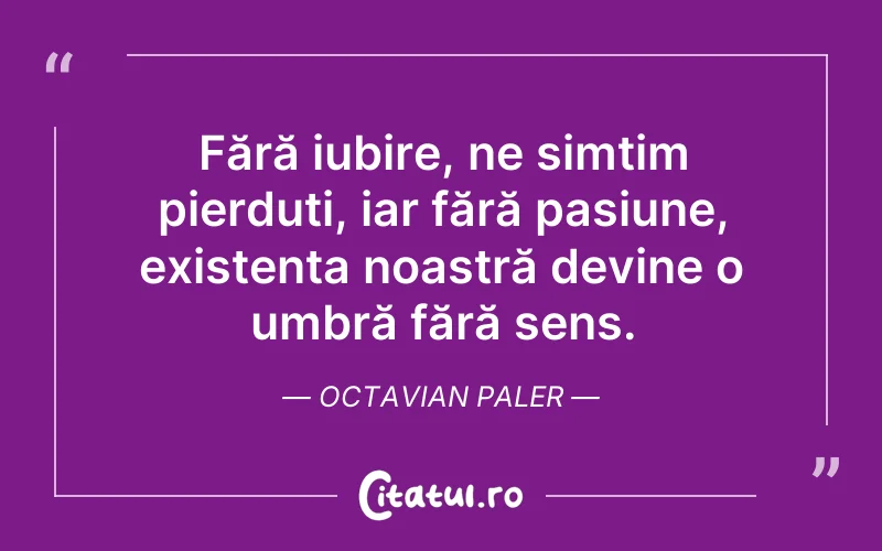 Fără iubire, ne simțim pierduți, iar fără pasiune, existența noastră devine o umbră fără sens. Octavian Paler